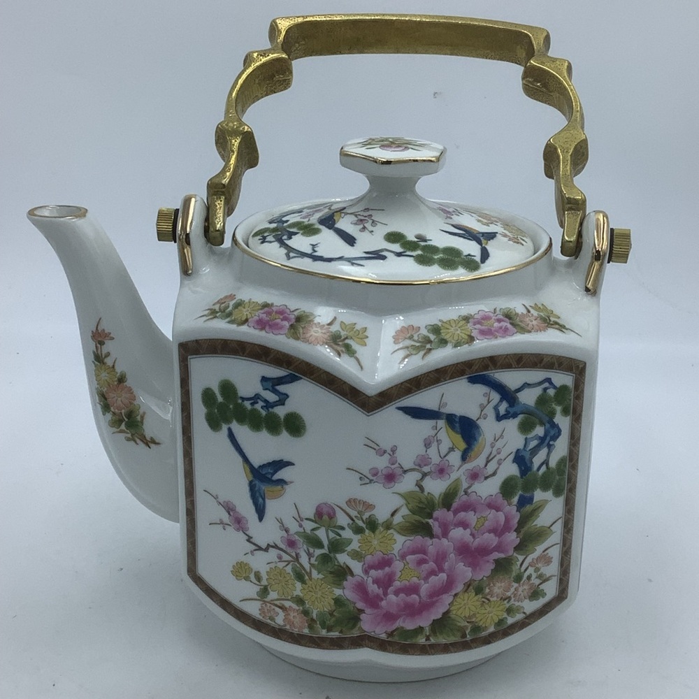 Homco Japan Asian Floral Six Sided Ceramic  Tea Pot with Metal Handle